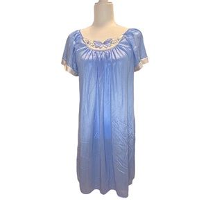 Vintage Finesse Nightgown Blue Satin Nylon Bow One Size Long Length Short Sleeve